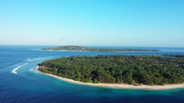 Aerial, Gilli Islands And Coral Reefs Atoll In The Ocean, tropical summer vacation background. Bali