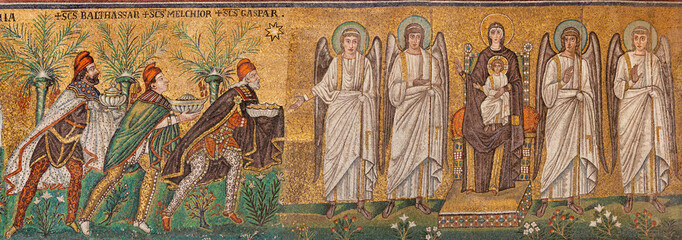RAVENNA, ITALY - JANUARY 28, 2020: The mosaic of Tree Magi scene from church Basilica of Sant...