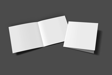 Square size booklet half fold blank opened and closed 3D illustration magazine mock-up with cover. Book, Brochure, Pamphlet, Catalog empty mockup for Presentation on isolated dark grey background. 