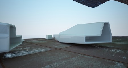 Abstract architectural concrete and rusted metal of a modern villa with colored neon lighting. 3D illustration and rendering.