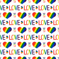 Seamless pattern handwritten word LOVE and hearts LGBT rainbow colors flag on white background isolated close up, LGBTQ repeating ornament, lesbian, gay etc symbol, love sign, art trendy print design