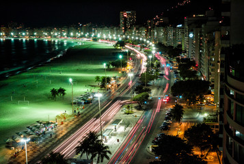Fototapeta na wymiar Copacabana long exposure with trailing car lights in Rio de Janeiro Brazil