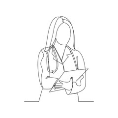 Continuous line drawing of woman doctor holding patient paper document. Vector illustration.