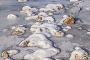 Ice on stones on a mountain river close-up
