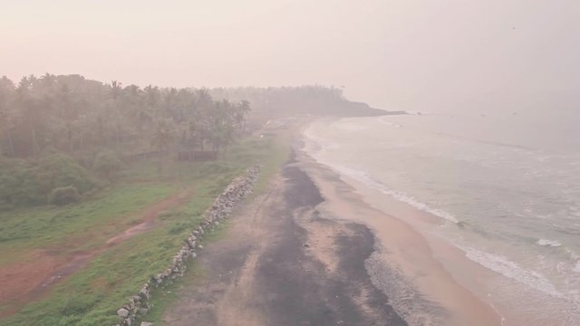 Sandy beach in Kerala, India. Aerial drone view