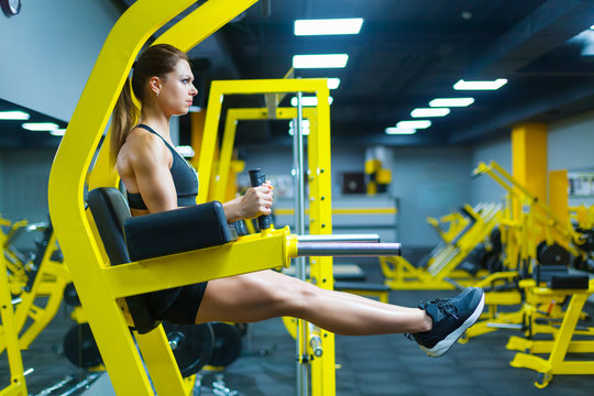 An athletic strong woman doing exercises for abdominal muscles at the parallel bars in a gym. Side view. ABS.