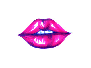 Lip color fuchsia, women’s sexy mouth. The illustration is isolated on a white background. Use it as a design element in greeting card design, print on clothing, and in printing for beuty salons.