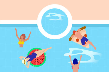 Vector illustration People Pool party on outdoor with pool float. Pool party, Summer water activities. on top view. Summer Pool Party Illustration