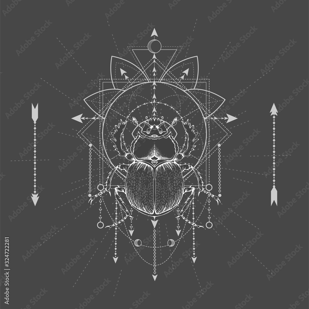 Wall mural Vector illustration with hand drawn Scarab and Sacred geometric symbol on black background. Abstract mystic sign.