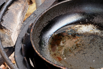 Dirty used cooking pan and spatula and space for write wording, improper behavior to use dirty...