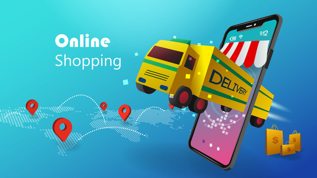 Shopping Online concept with 3D mobile phone and delivery truck on blue background with world map location pin and network path. E-commerce and business logistic financial. Vector illustration graphic