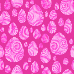 Watercolor pink eggs on pink-fuchsia background. Bright Easter seamless pattern. Hand-painted texture with spiral, splashes, drops, gradients. Watercolor stock illustration. Happy Easter day.