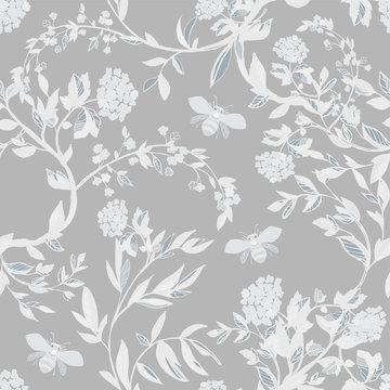 Branches of flowering trees vector illustration. Seamless pattern with bees, twigs, leaves and flowers