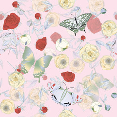 Butterfly and leaves, stems and inflorescences of peonies and roses vector illustration. Picture with pink, blue and white flowers on aquamarine background. Endless pattern. EPS10