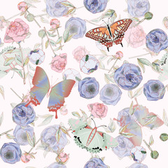 Butterfly and leaves, stems and inflorescences of peonies and roses vector illustration. Picture with pink, blue and white flowers on aquamarine background. Endless pattern. EPS10