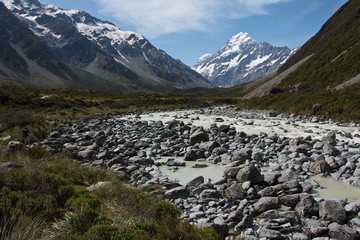 Hooker River on Hooker Valley Track in Mount Cook National Park on South Island of New Zealand