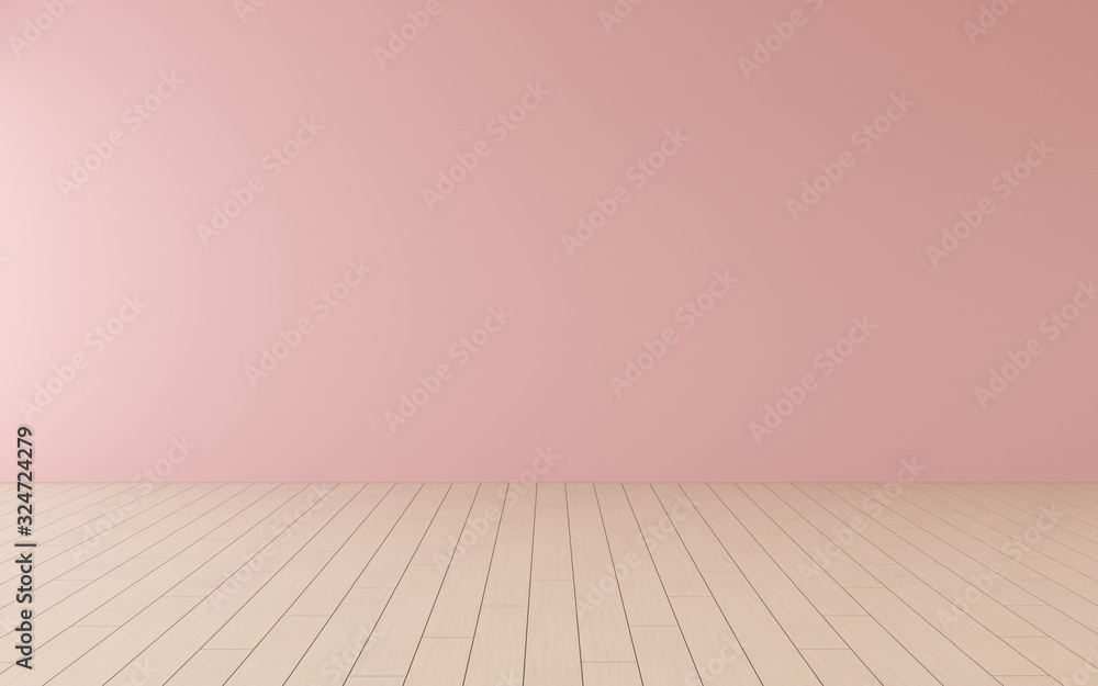 Poster mock-up of pink empty room and wood laminate floor with sun light cast the shadow on the wall,perspe