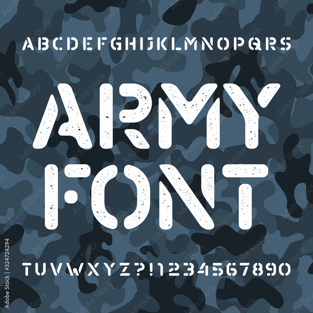 Fototapete army alphabet font. damaged stencil letters and numbers on a camo background. vector typescript for 