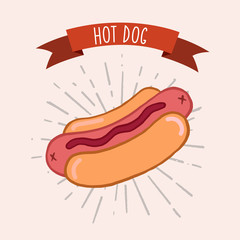 Hot Dog. Vector color naya illustration. Freehand drawing in cartoon style. Vintage poster design.