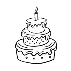 Cake. Vector linear illustration in doodle style. Birthday cake. Cake with candles.