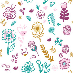 Pink Rainbow Scandanvian Style Repeat Pattern. Childish seamless pattern with hand drawn rainbow scribbles and dots. Trendy kids vector background.