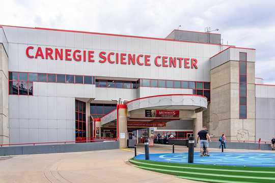 Pittsburgh, Pennsylvania, USA - January 11, 2020: Entrance of Carnegie Science Center in Pittsburgh, Pennsylvania, USA. 
