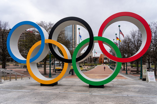 Atlanta, Georgia, USA - January 17, 2020: Olympic Rings sculpture in Centennial Olympic Park in Atlanta, Georgia, USA. 