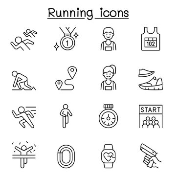 Running competition icon set in thin line style
