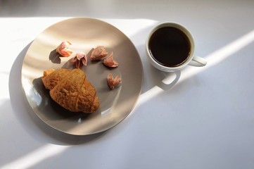 Croissant on the plate with coffee and flowers. Top view breakfast with shadows.