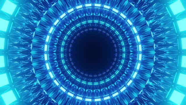 Blue circles rotating and opening in an infinite loop, 3d cgi rendered animation
