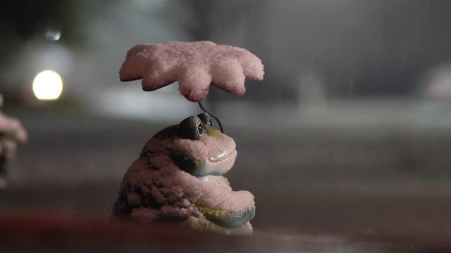 Time Lapse of Snow Falling on Garden Statue