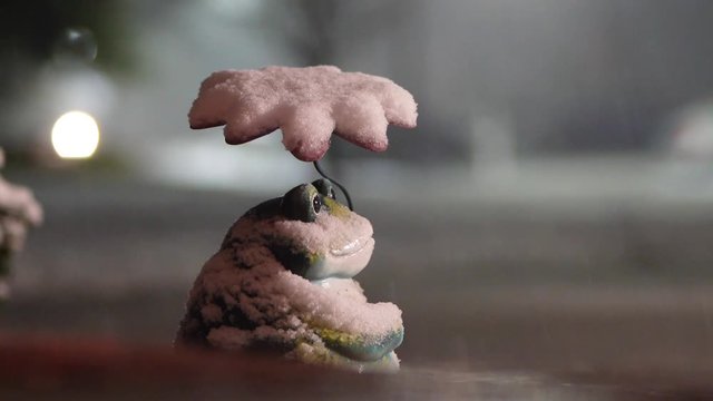 Time Lapse of Snow Falling on Garden Statue
