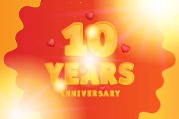 10th Anniversary celebration. Orange numbers and text with sparkling glitters with hearts on the red background. Greeting Card for holiday party event. Flat vector illustration