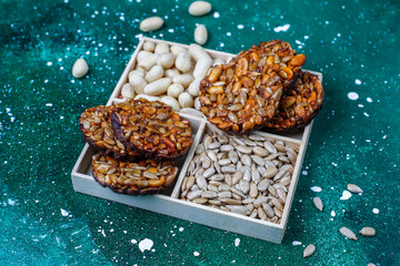 Gluten free nut candied cookies with chocolate,peanut and sunflower seeds,top view