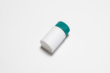 Plastic White Pill or vitamin dietary supplement Bottle, Medical drug plastic bottle isolated on white background with clipping path.High resolution photo.Top view