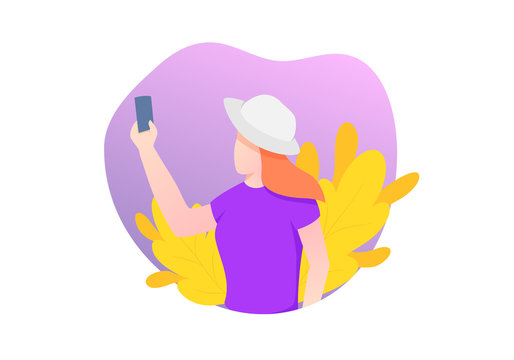 woman selfie with holding smartphone and hat with flower plant as background