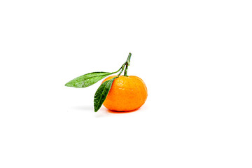 Bright ripe tangerines with green leaves on a white background.