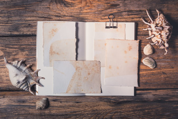 Vintage old paper mockup with seashell on wooden background. Grunge paper