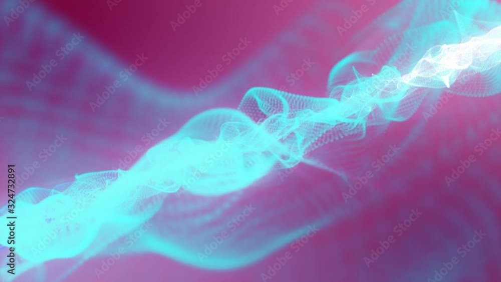 Poster turquoise luminous particles on a purple background move slowly. abstract background. 3d render