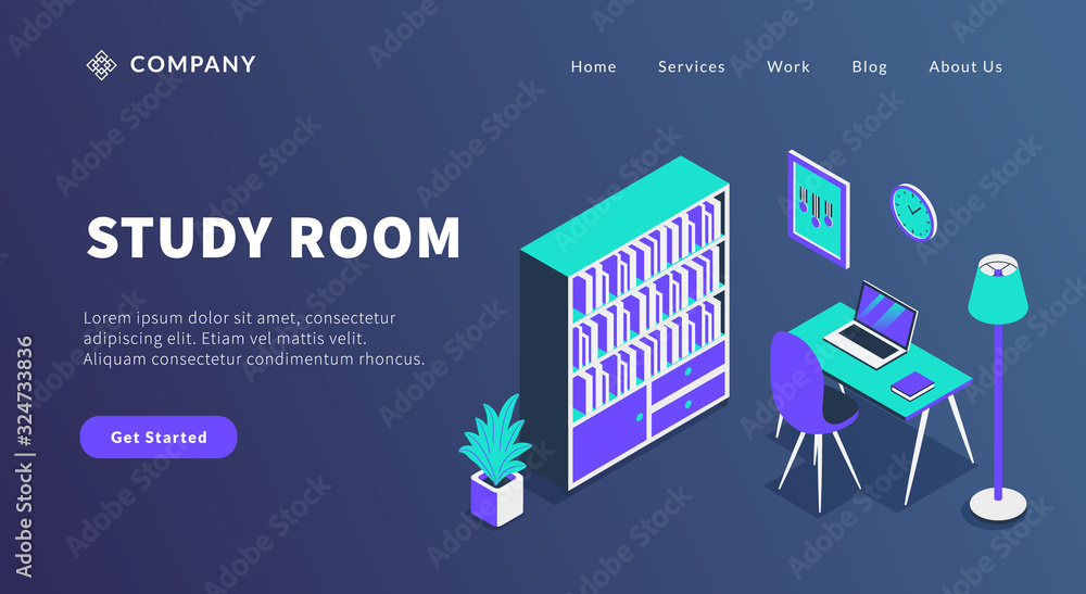 Aufkleber study room concept with book shelf and table workspace laptop computer for website template or landi