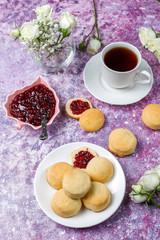 Homemade delicious cookies serving with raspberry jam,top view