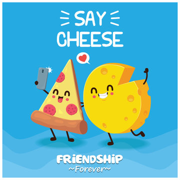 Vintage food poster design with vector pizza & cheese character.
