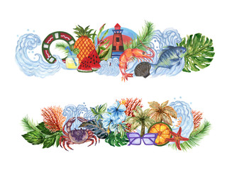 Tropical summer beach journey watercolor colorful pink green red peach blue orange holiday vacation party wreath border frame for invitation nature on white