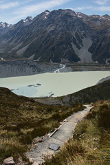 View of Mueller Glacial Lake from track to Sealy Tarns in Mount Cook National Park on South Island of New Zealand
