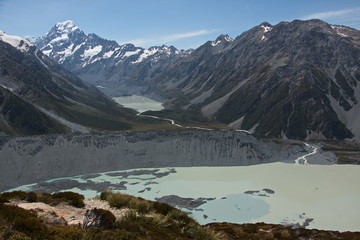View of Mueller Glacial Lake and Hooker Lake from track to Sealy Tarns in Mount Cook National Park...