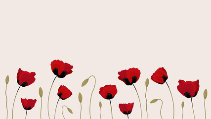 Flat set of poppy flowers for web design banner, card, flyer, invitation, sheet, leaflet, brochure with copy space. Vector illustration on light beige background.