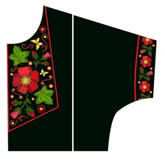 Stitch embroidered red flowers on the pattern. Print on chest and arms