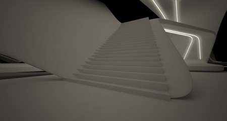 Abstract architectural black and white interior of a modern villa with neon lighting. 3D illustration and rendering.