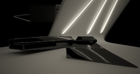 Abstract architectural black and white interior of a modern villa with neon lighting. 3D illustration and rendering.