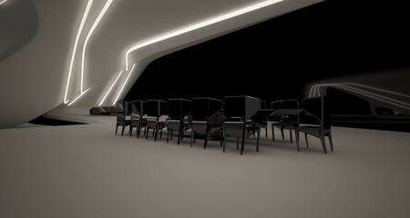 Obraz premium Abstract architectural black and white interior of a modern villa with neon lighting. 3D illustration and rendering.